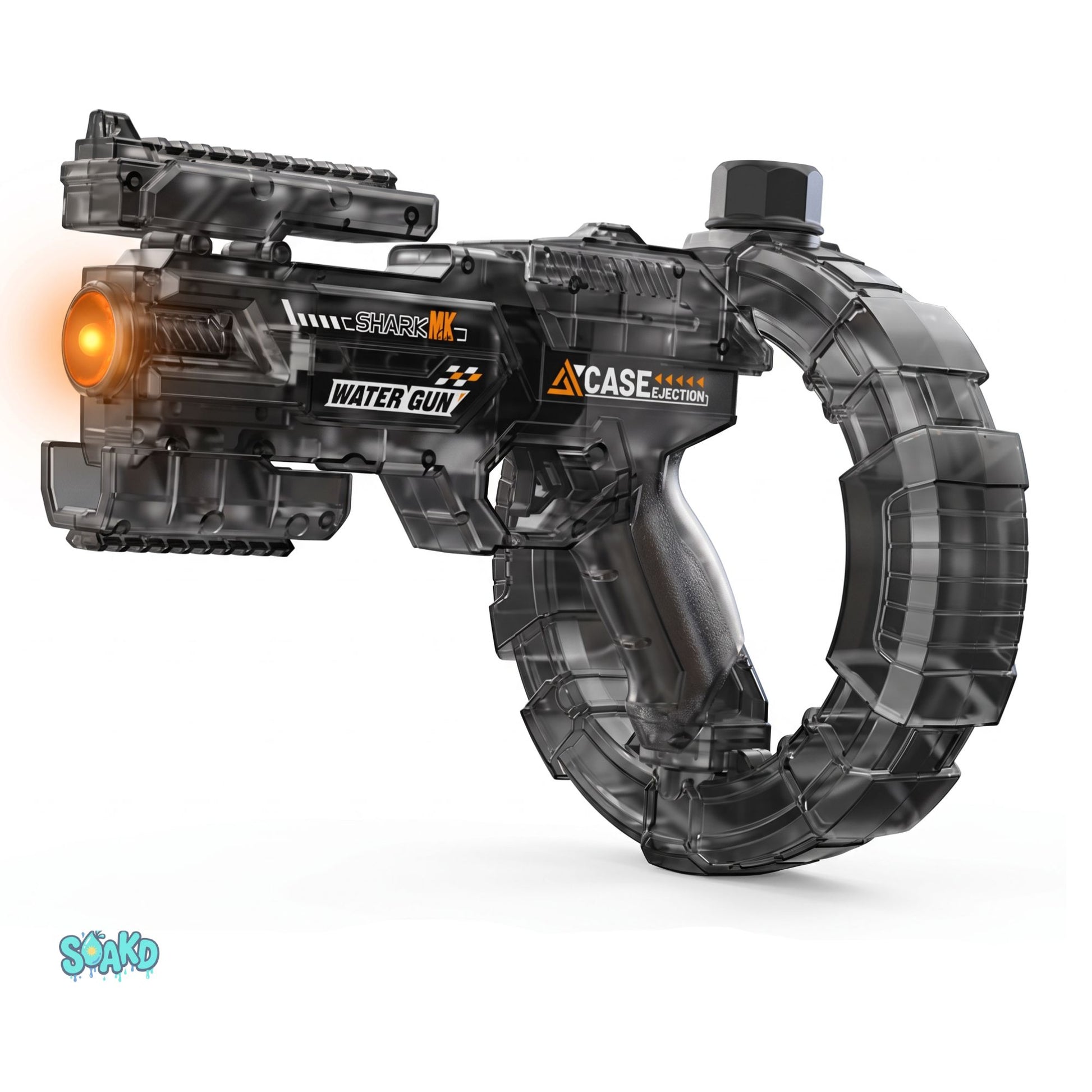 Black Soakd water gun close-up showing SHARK MK detailing and LED ring