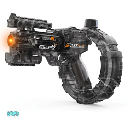 Black Soakd water gun close-up showing SHARK MK detailing and LED ring